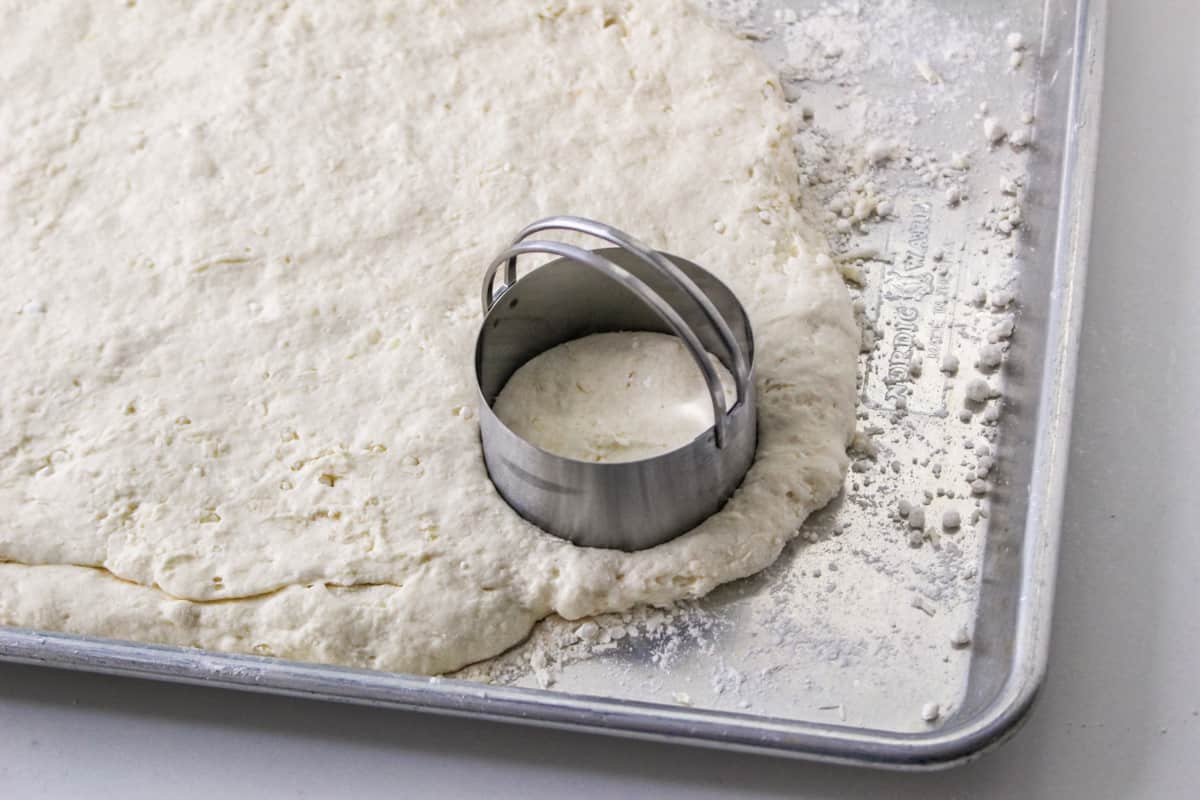 Round biscuit cutter on dough.