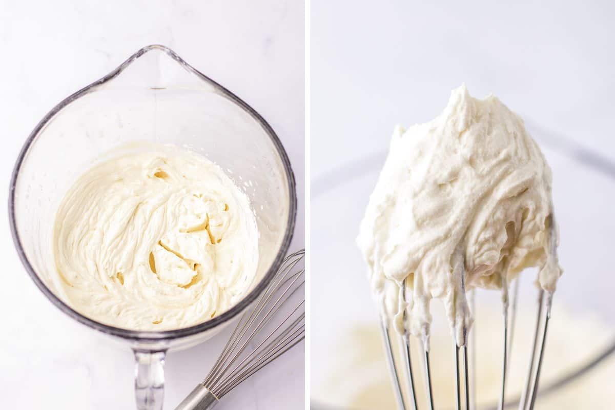 Two image collage of 1- stabilized whipped cream beat to medium peaks in a mixing bowl. 2- whisk with whipped cream beat to soft/medium peaks.