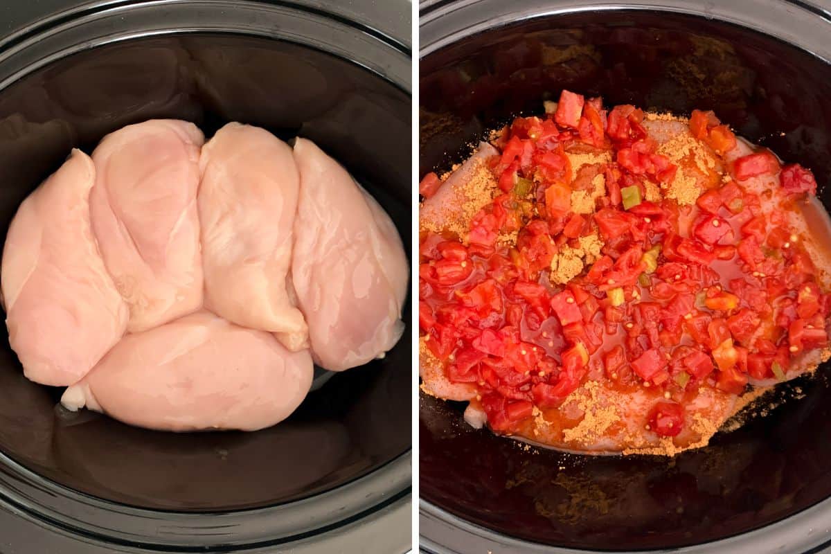 Two image collage of chicken breasts in the slow cooker topped with taco seasoning and rotel.