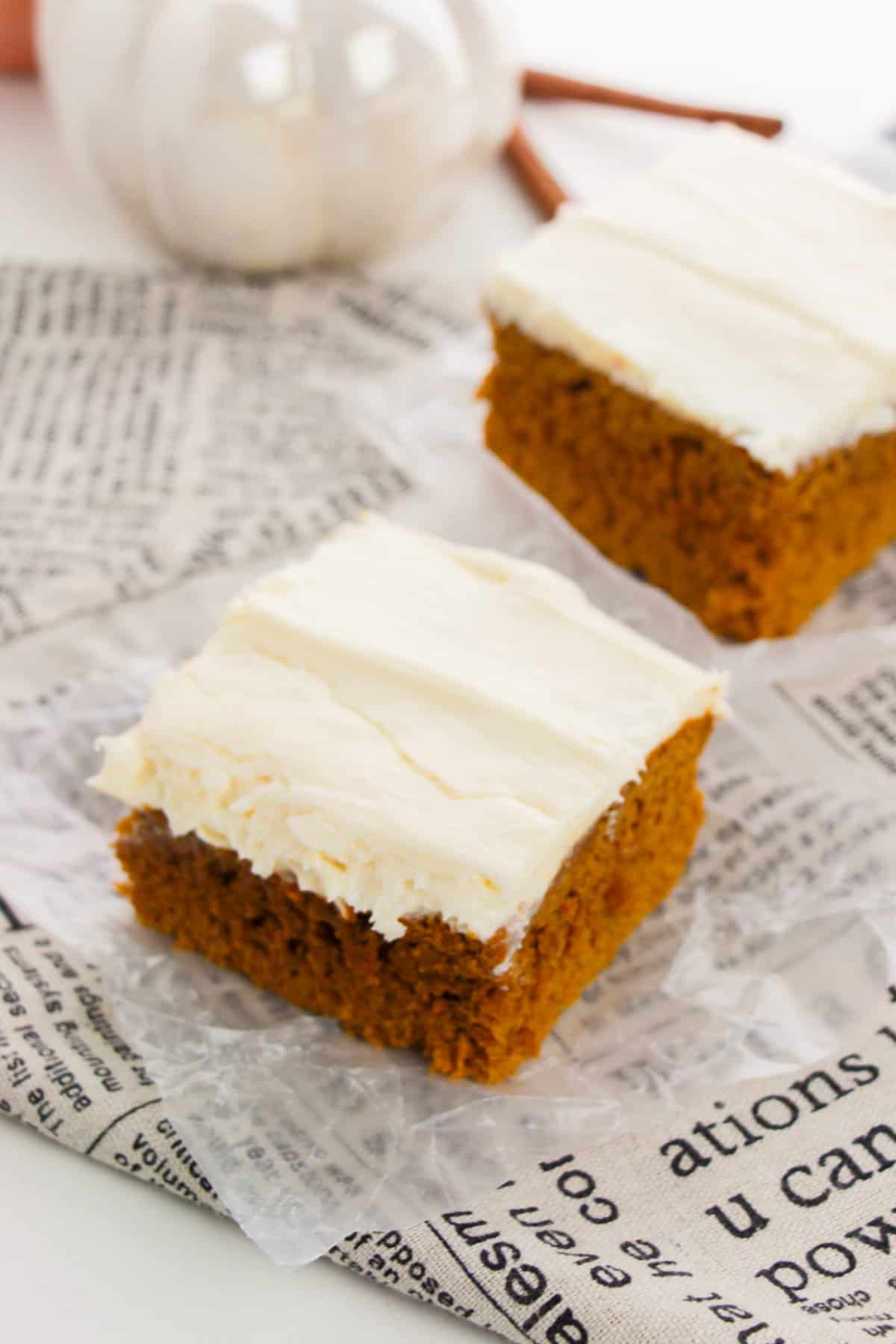 Two slices of spice cake mix and pumpkin puree cake.