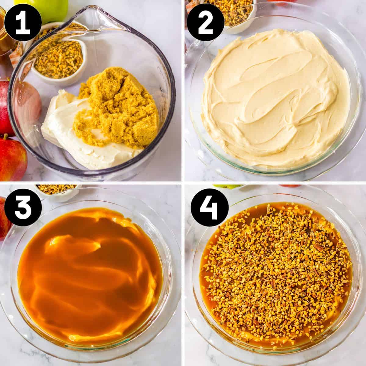 Four image collage of cream cheese and brown sugar in mixing bowl, the cream cheese mixture spread in a dish, the mixture topped with a layer of caramel, and finally the caramel sprinkled with chopped nuts.