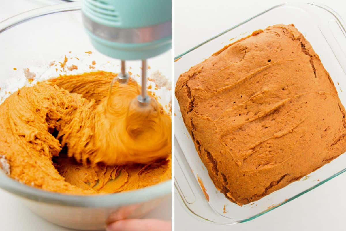 Pumpkin spice cake batter being beat with hand mixer and the cake after baking in a square glass pan.