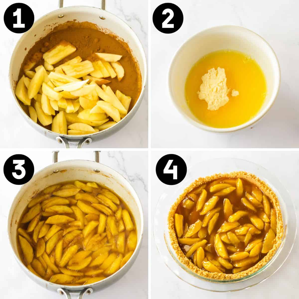 Four image collage featuring 1: sliced apples in cinnamon mixture in saucepan, 2: pudding mix and water in small bowl, 3: sautéed cinnamon sugar apples in pan, 4: pie filling added to pie crust.