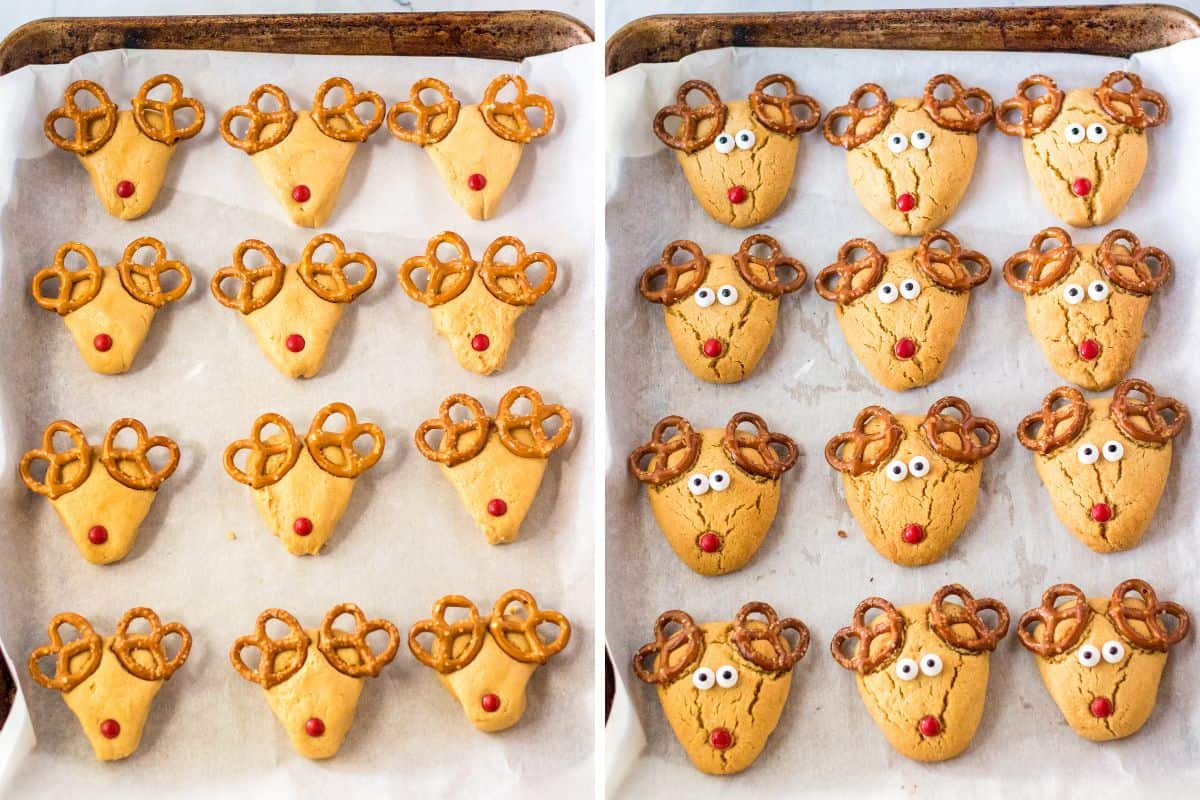 Two image collage of reindeer cookies shaped into upside down triangles with rounded corners with pretzels pressed into the top two corners and a red M&M towards the bottom tip. The first image is before baking and the second is after baking and placing two candy eyes slightly higher than center on the cookies.