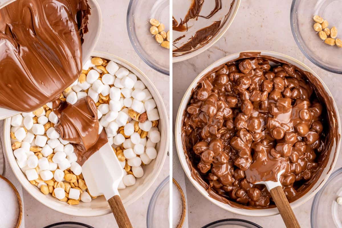 Two image collage of a bowl of peanuts and mini marshmallows before and after melted chocolate being stirred in.