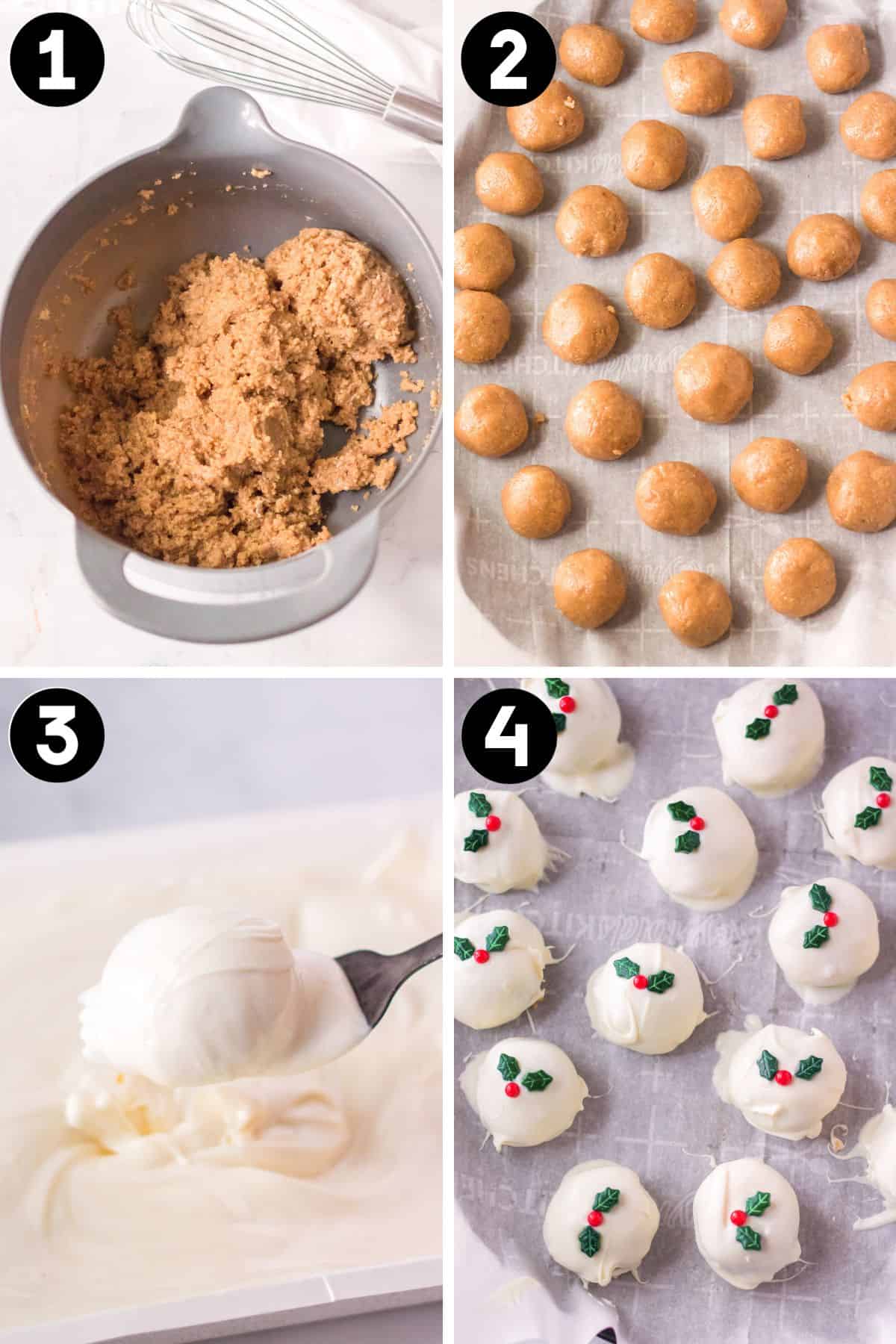 Four image collage of truffle mixture in a mixing bowl, scooped into balls on a lined cookie sheet, being dipped in white almond bark with a fork, and topped with holiday sprinkles on lined baking sheet.