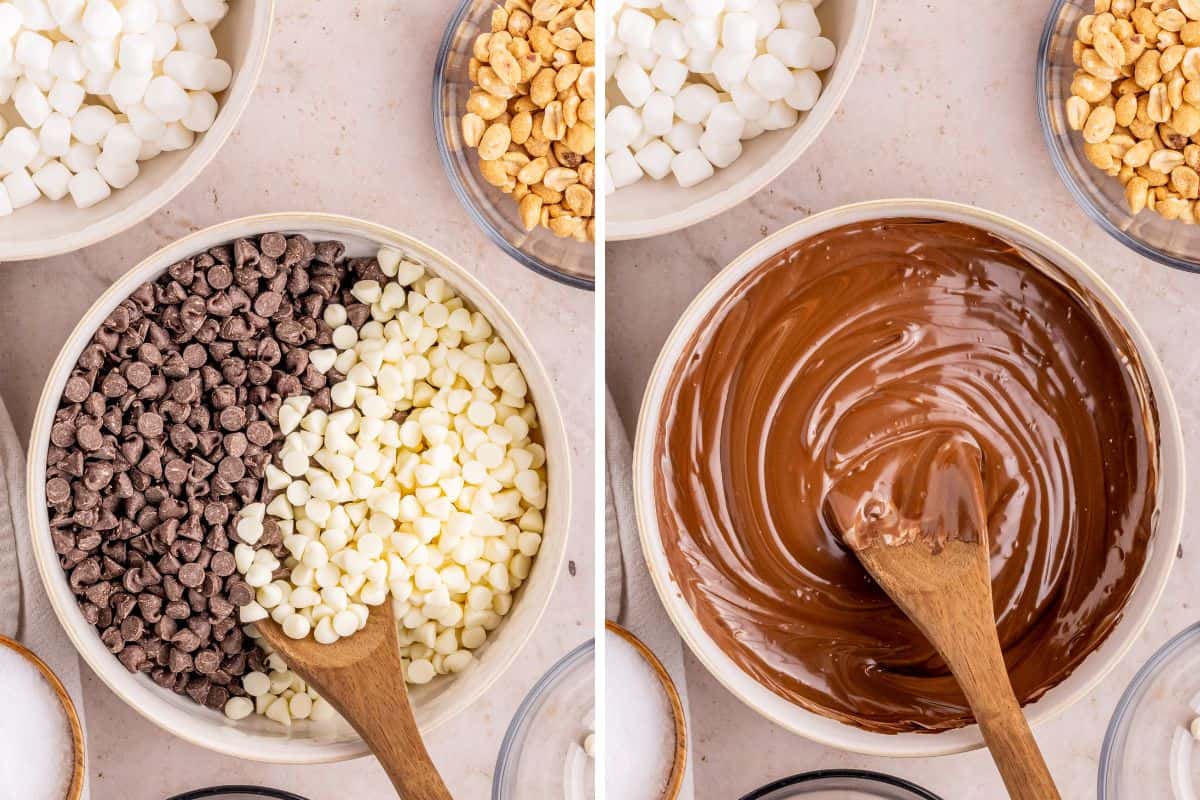 Two image collage of white chocolate and milk chocolate chips in a bowl before and after being melted.