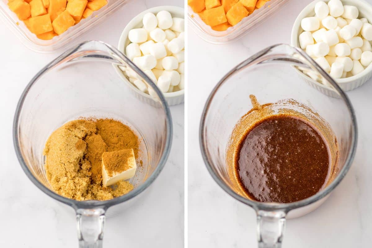 Brown sugar and butter mixture in a glass measuring cup before and after being melted and stirred together.