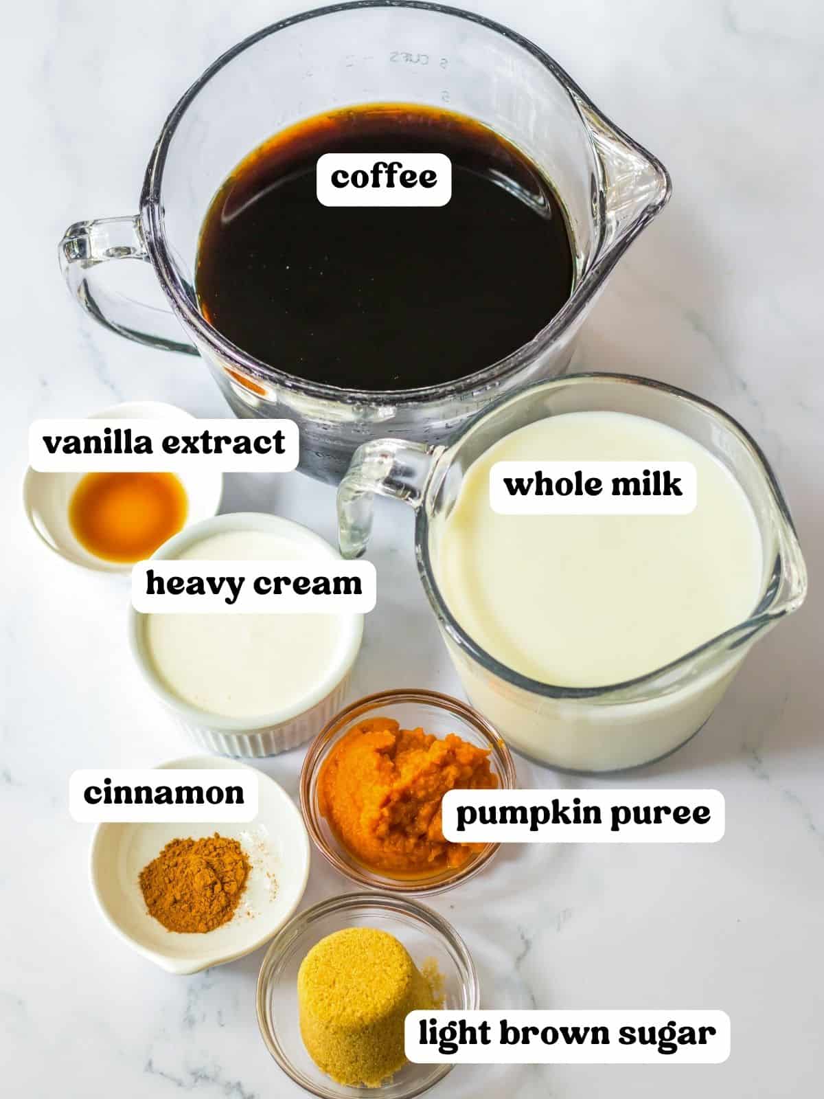 Brewed coffee, pumpkin puree, whole milk, heavy cream, ground cinnamon, vanilla extract, and light brown sugar.