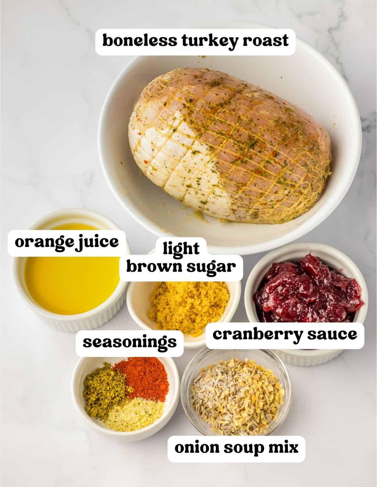 Boneless turkey roast, orange juice, cranberry sauce, light brown sugar, and seasonings.