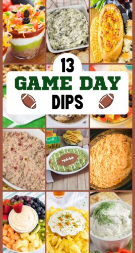 Game Day Dips image collage for Pinterest, reads: 13 Game Day Dips.