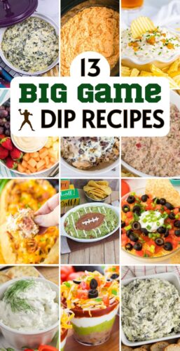 13 Big Game Dip Recipes pin with football player icon.