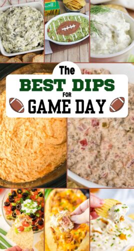 The best dips for game day pin collage with football graphics.