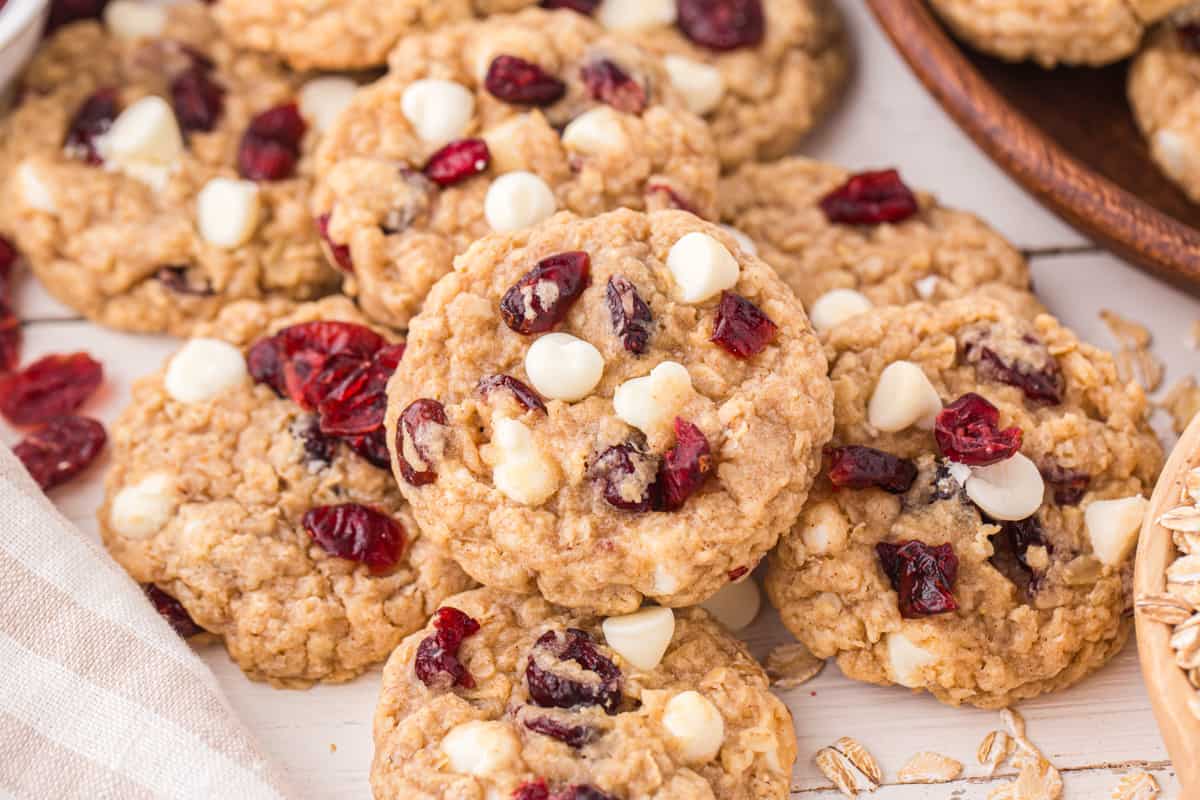 White chocolate oatmeal cranberry cookies on countertop.