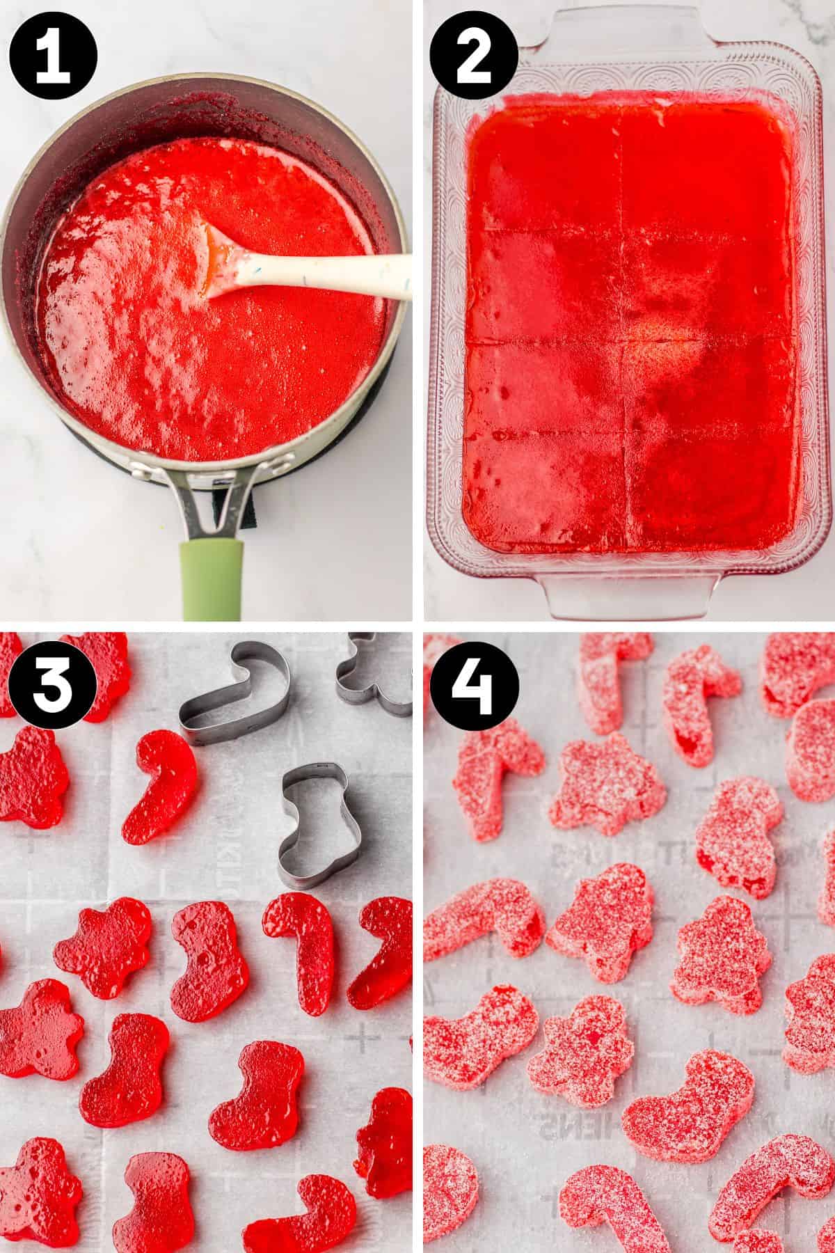 Four image collage of 1: red mixture in a saucepan, 2: red gelatin layer in rectangular glass baking dish, 3: red gumdops being cut with metal cookie cutters, and 4: the red gumdrops coated in sugar.