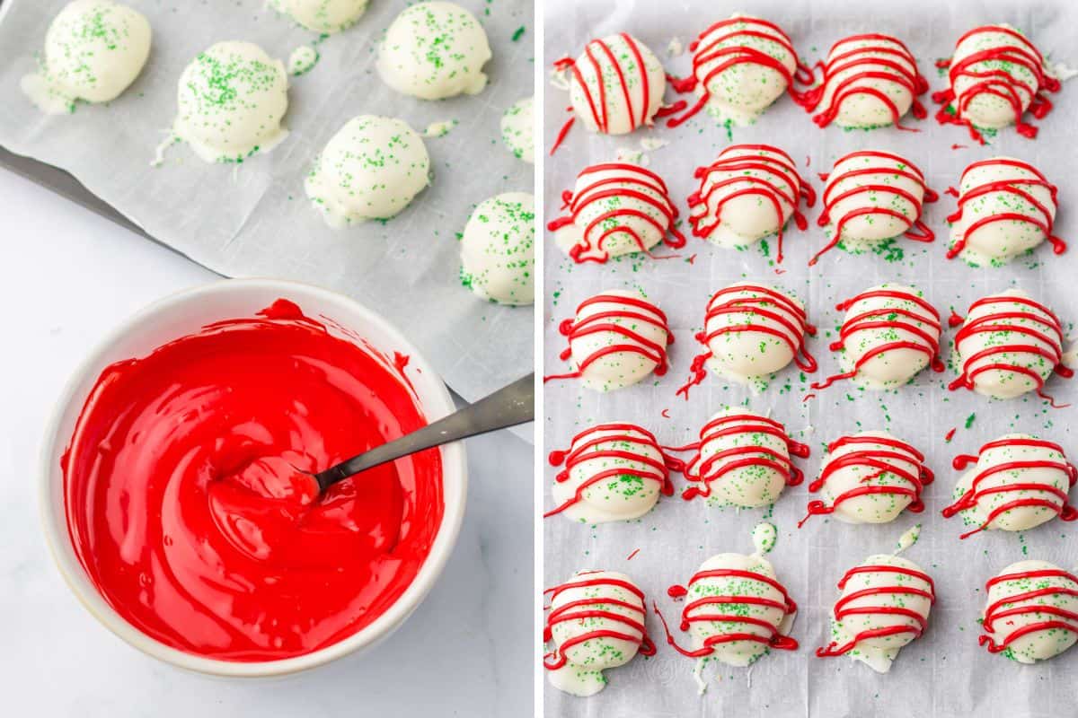 Two image collage of a bowl of melted red candy melts and the cake balls drizzle back and forth with the melted red candy.