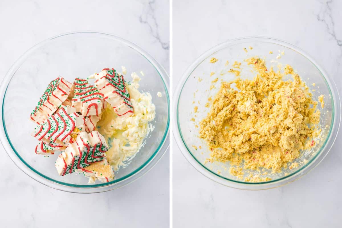 Two image collage of Little Debbie Christmas Tree Cakes and softened cream cheese in a glass bowl before and after beating to combine into a smooth batter.
