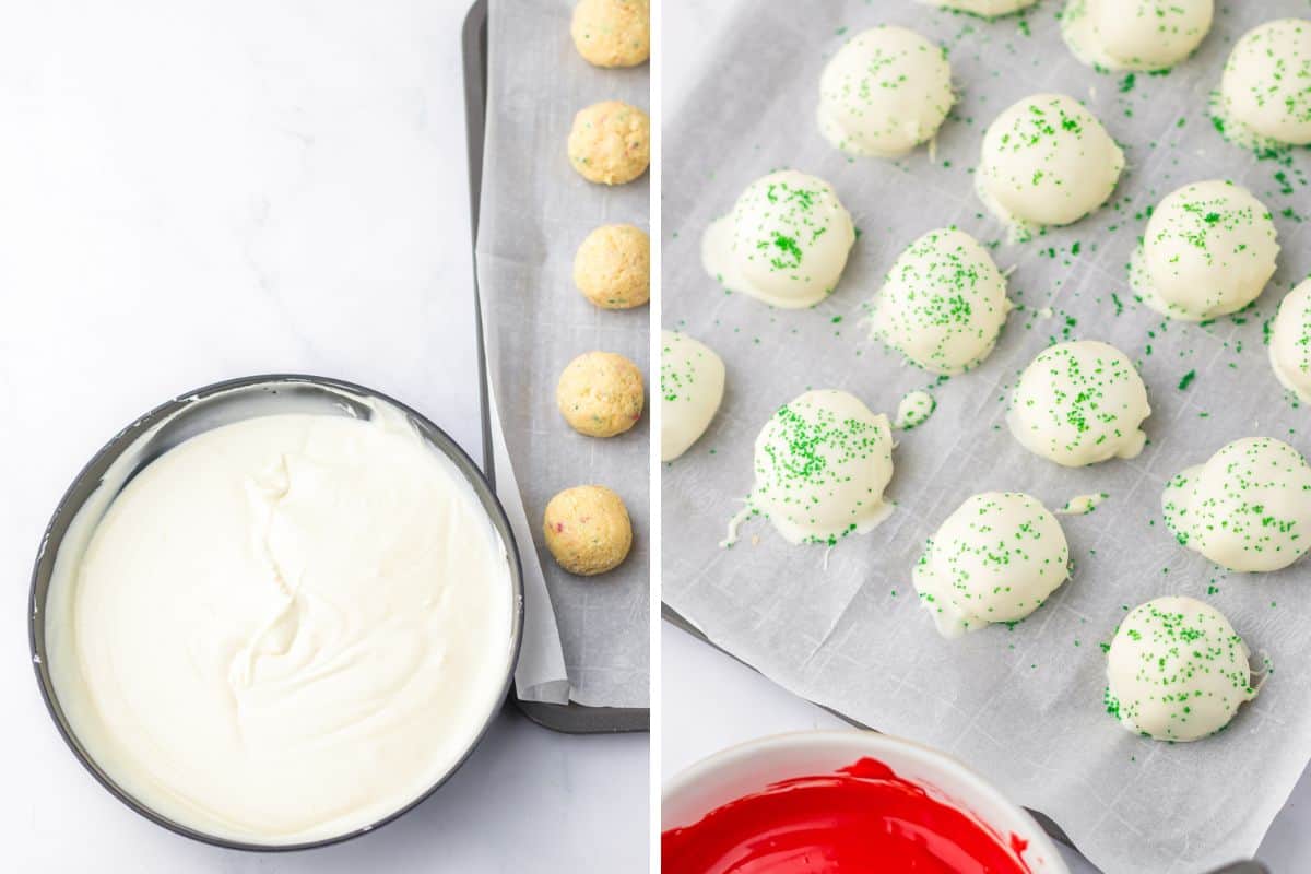 Two image collage of melted white almond bark in a bowl with uncoated cake balls and then the cake balls after coating in white melted candy and topping with green sugar sprinkles.
