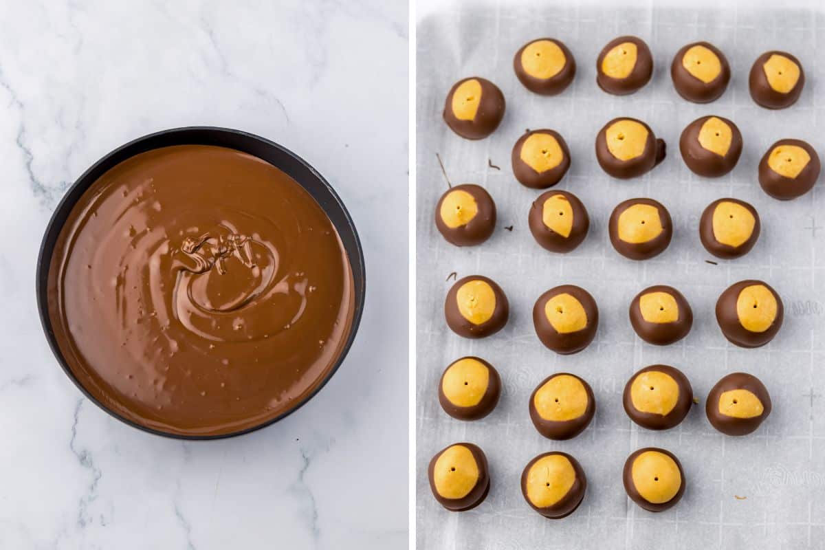 Two image collage of a bowl of melted chocolate almond bark and peanut butter balls on parchment paper after dipping them 3/4 of the way in chocolate.