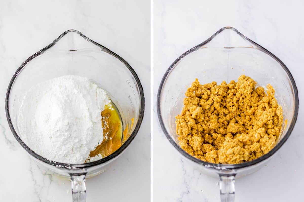 Two image collage of confectioners sugar, peanut butter, melted butter, and vanilla in a mixing bowl before and after combining into a crumbly dough.