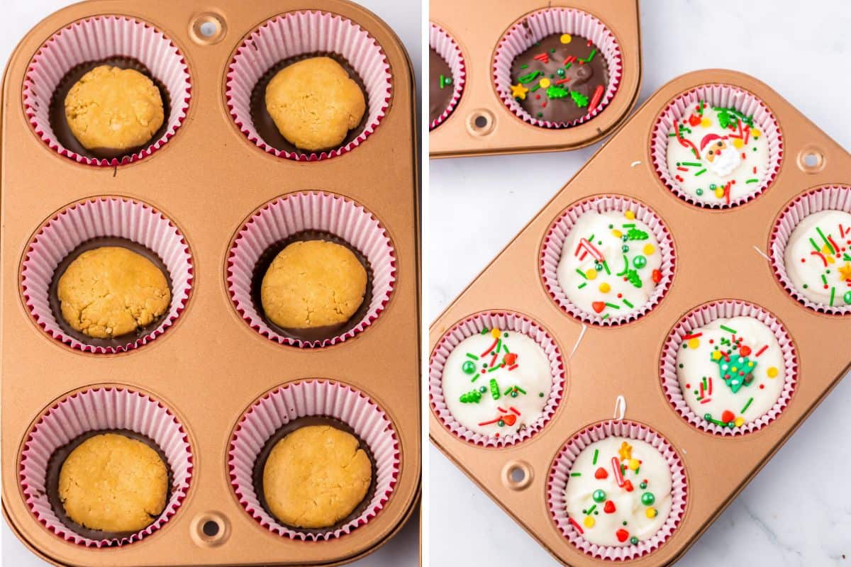 Two image collage of peanut butter discs placed into muffin cups on top of melted chocolate and of the peanut butter discs covered with melted almond bark and topped with christmas sprinkles.
