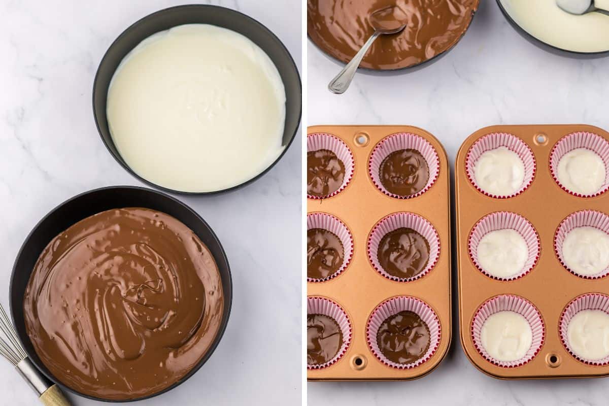 Two image collage of melted chocolate almond bark and white chocolate almond bark in bowls and spread into the bottom of lined muffin tins.