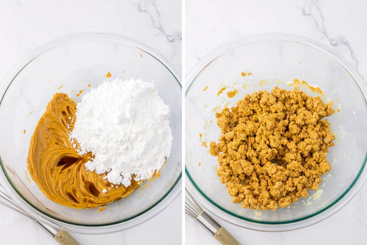 Two image collage of peanut butter, vanilla, and powdered sugar in a mixing bowl before and after being combined.