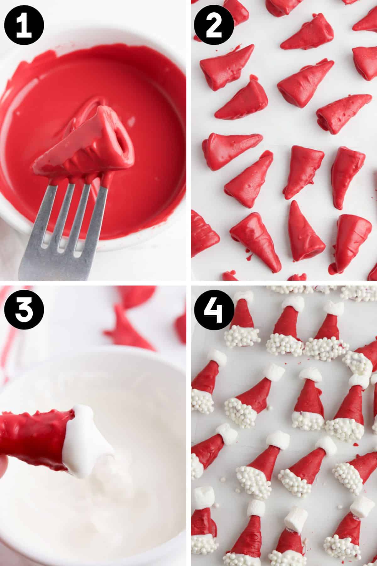 Four image collage of bugle being dipped in red melted candy, red coates bugles on parchment paper, the rim of coated bugles being dipped in melted white candy, and the red bugles with white rims on parchment paper setting.
