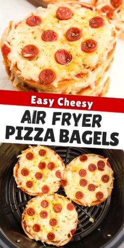 Easy cheesy air fryer pizza bagels pin.