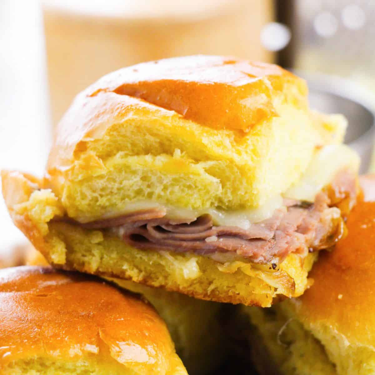 French Dip sliders on Hawaiian Rolls.