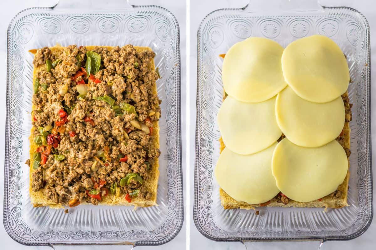 Two image collage of ground beef mixture on top of sheet of Hawaiian buns and of provolone cheese sliced placed on top.