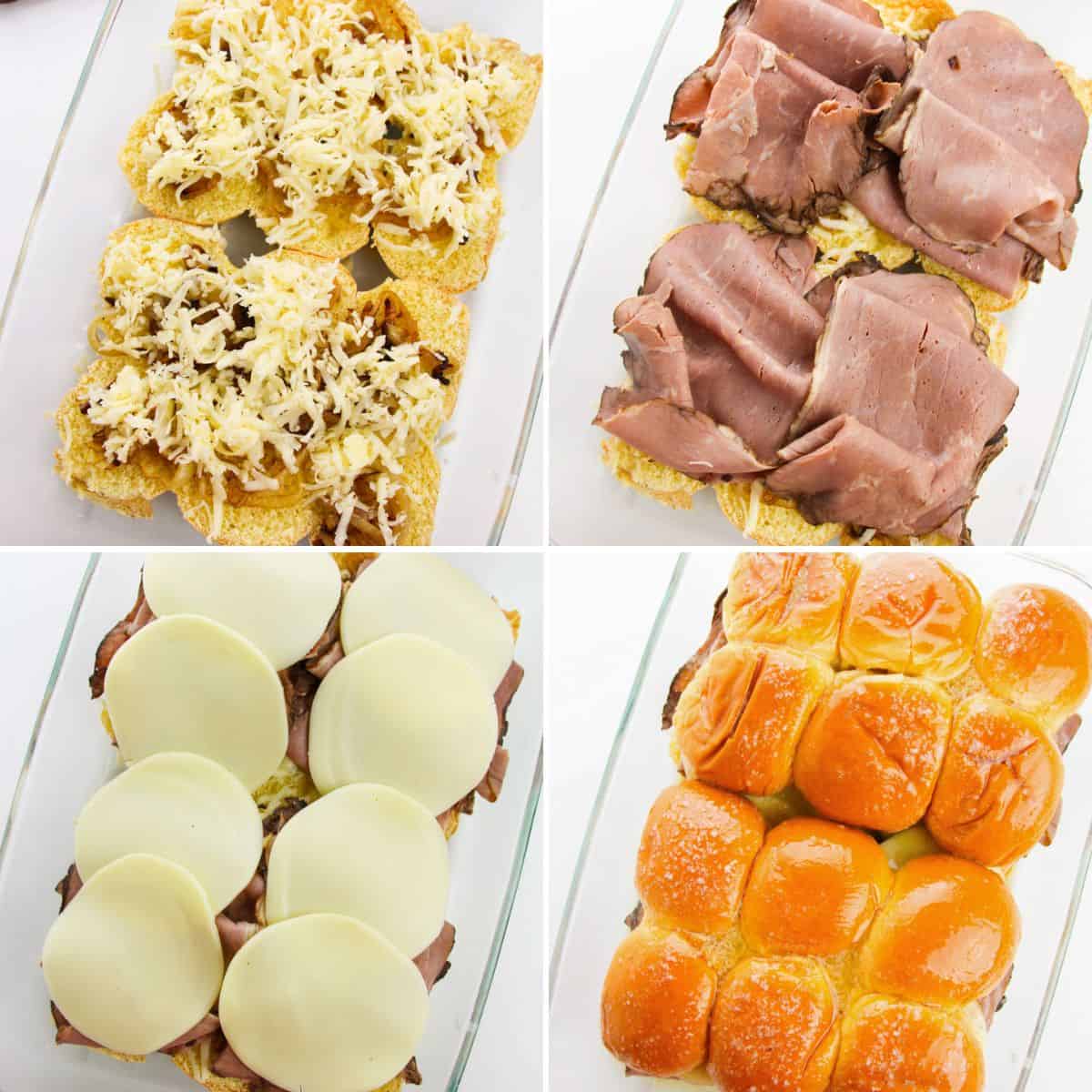 4 image collage of french dip slider assembly in a glass casserole dish. First caramelized onions and shredded swiss are added to the tops of the buns, then roast beef, next provolone cheese, and lastly the tops of the Hawaiian roll buns.