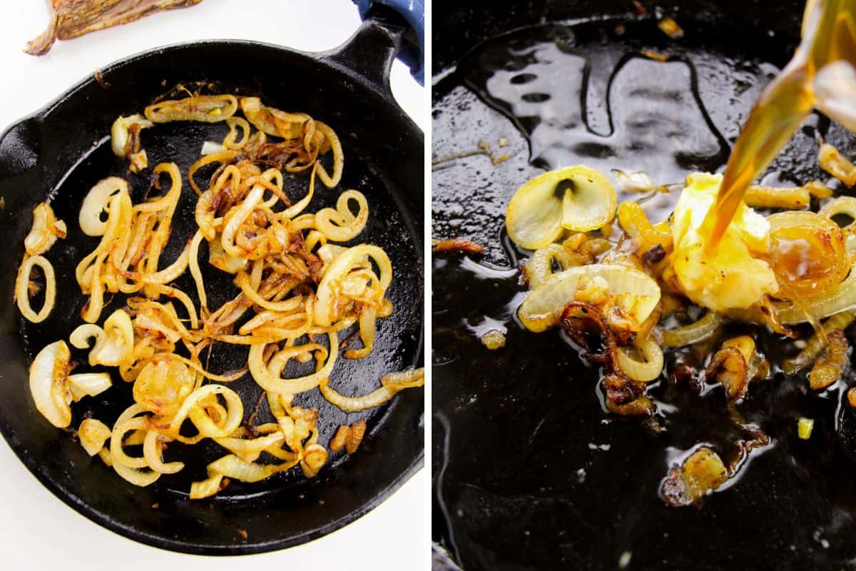 Two image collage of caramelized onions in cast iron pan. In second image butter and beef broth are being added.