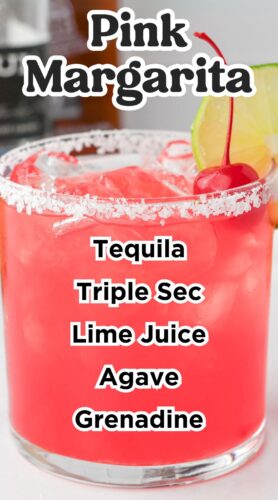 Pink margarita pin with ingredients listed.