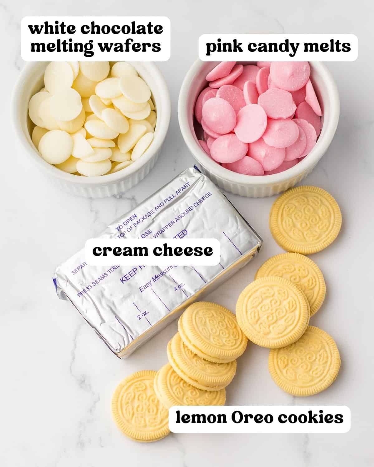 White chocolate melting wafers, cream cheese, pink candy melts, and lemon cookies.