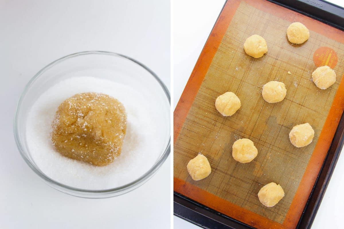 Two image collage of cookie dough ball being rolled in granulated sugar and of the dough balls spaced apart on lined baking sheet.