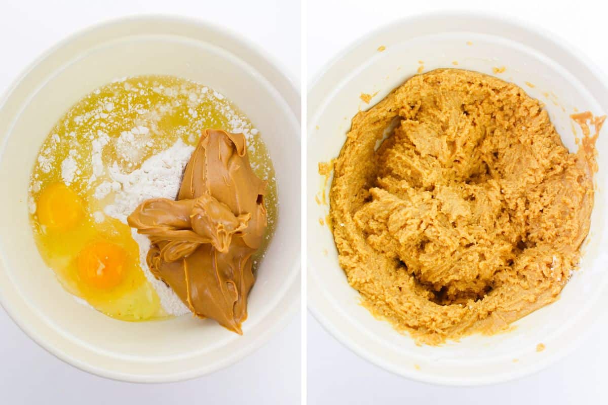 Two image collage of cookie ingredients in mixing bowl before and after mixing to combine. 