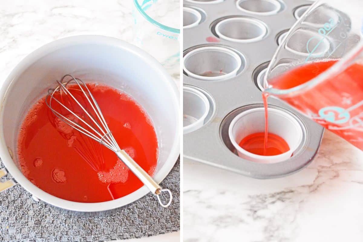 Two image collage of red jello mixture in saucepan with whisk and of the red liquid being pored into plastic cup placed in a cupcake tin.