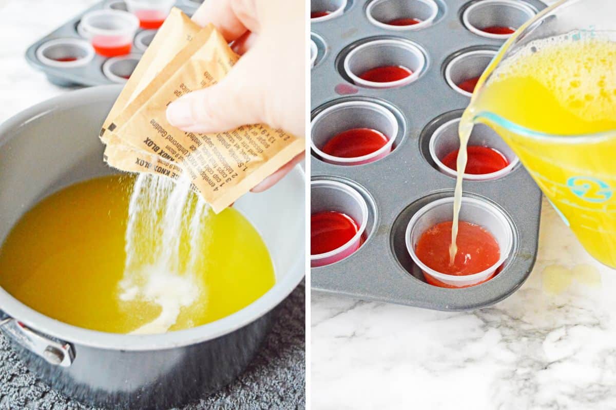 Two image collage of gelatin powder being poured into pot of pineapple juice and of the pineapple jello mixture bring poured over the set red jello in the plastic shot glasses.