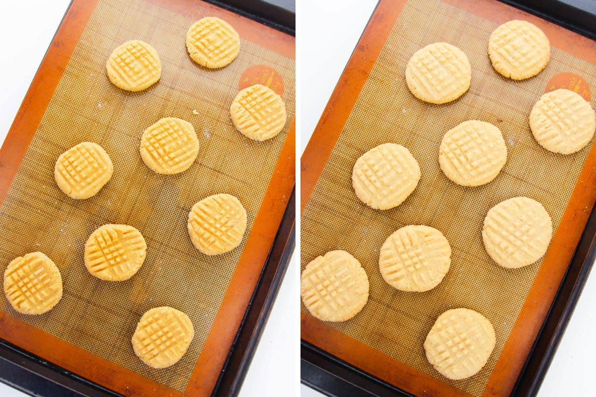 Two image collage of peanut butter cookies on lined baking sheet before and after baking.
