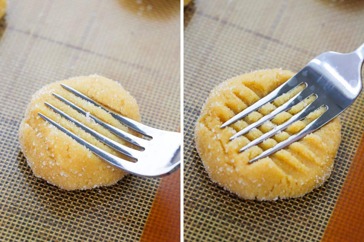 Two image collage of fork being pressed into top of dough balls to create criss cross pattern.