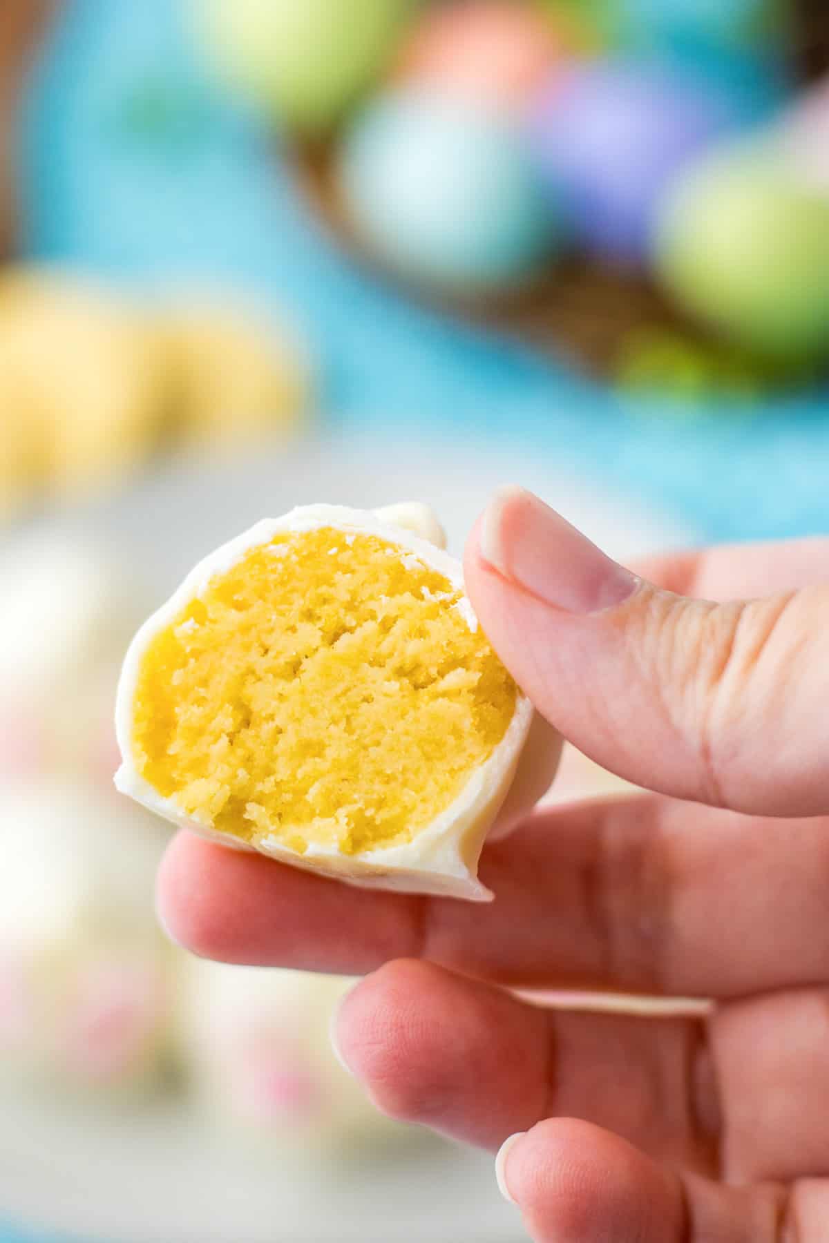 Easter bunny butt truffle cut in half to show lemon cookie filling.