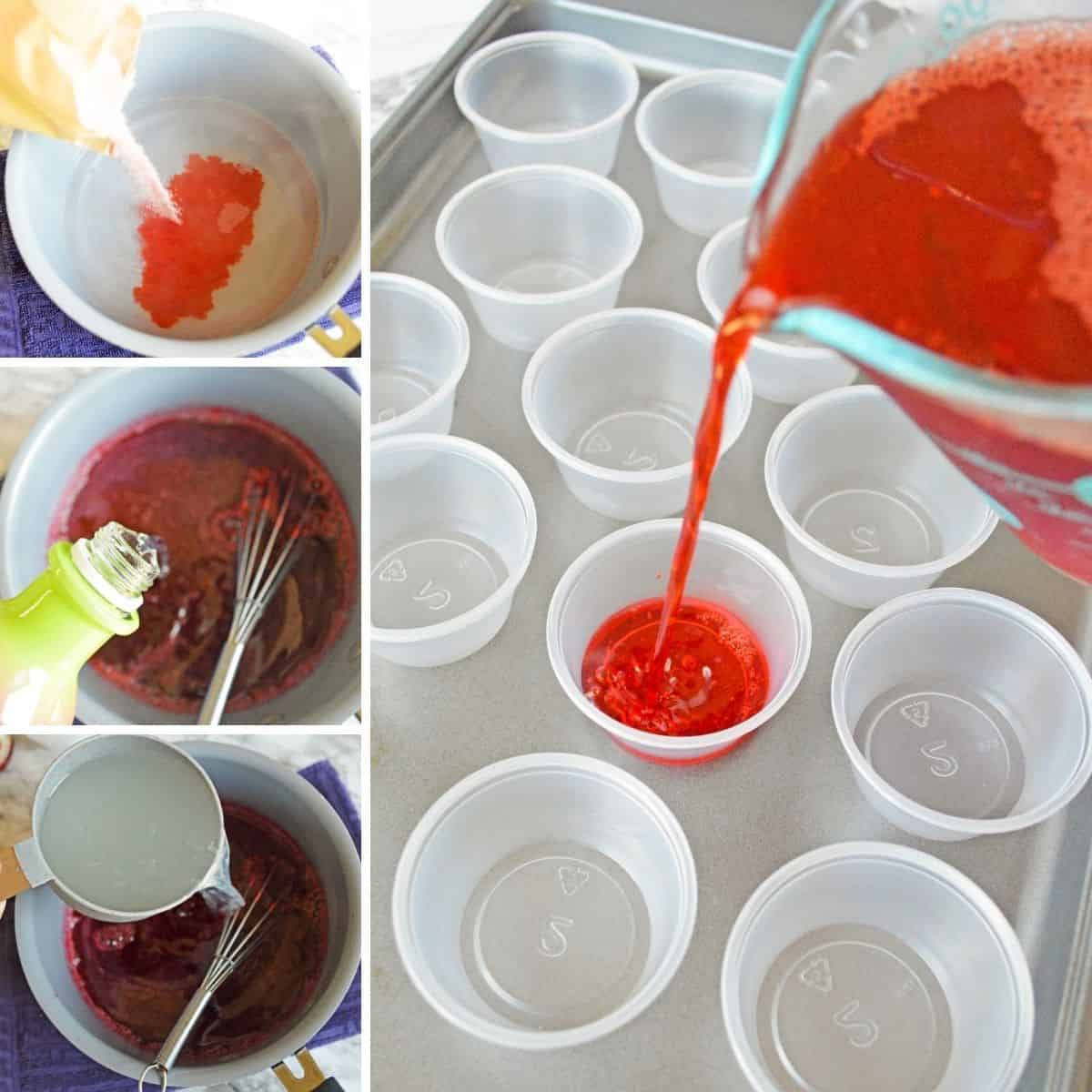 4 image collage of jello mix being added to bowl, vodka being added, limeade being added, and then the red jello mixture being poured into dmall plastic cups on a sheet pan.
