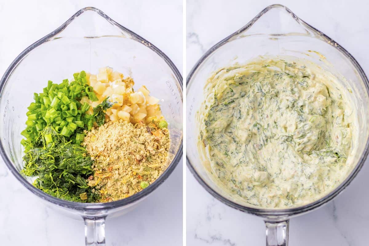 Side by side photos of spinach dip ingredients in a glass mixing bowl before and after being stirred well to combine.