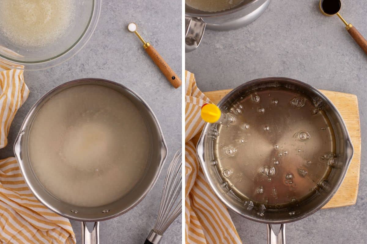 Side by side images of syrup mixture in a medium-size pot. First image the syrup is heating, second image candy thermometer is attached and the mixture is bubbling.