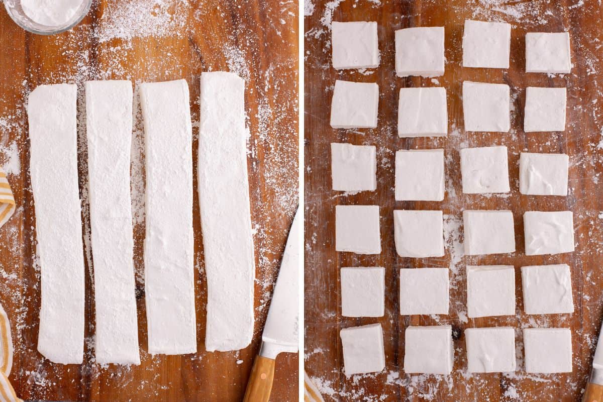 Two image collage of marshmallows being cut on dusted wooded cutting board. First the marshmallows are sliced vertically into 4 long strips and then cut horizontally into squares. 