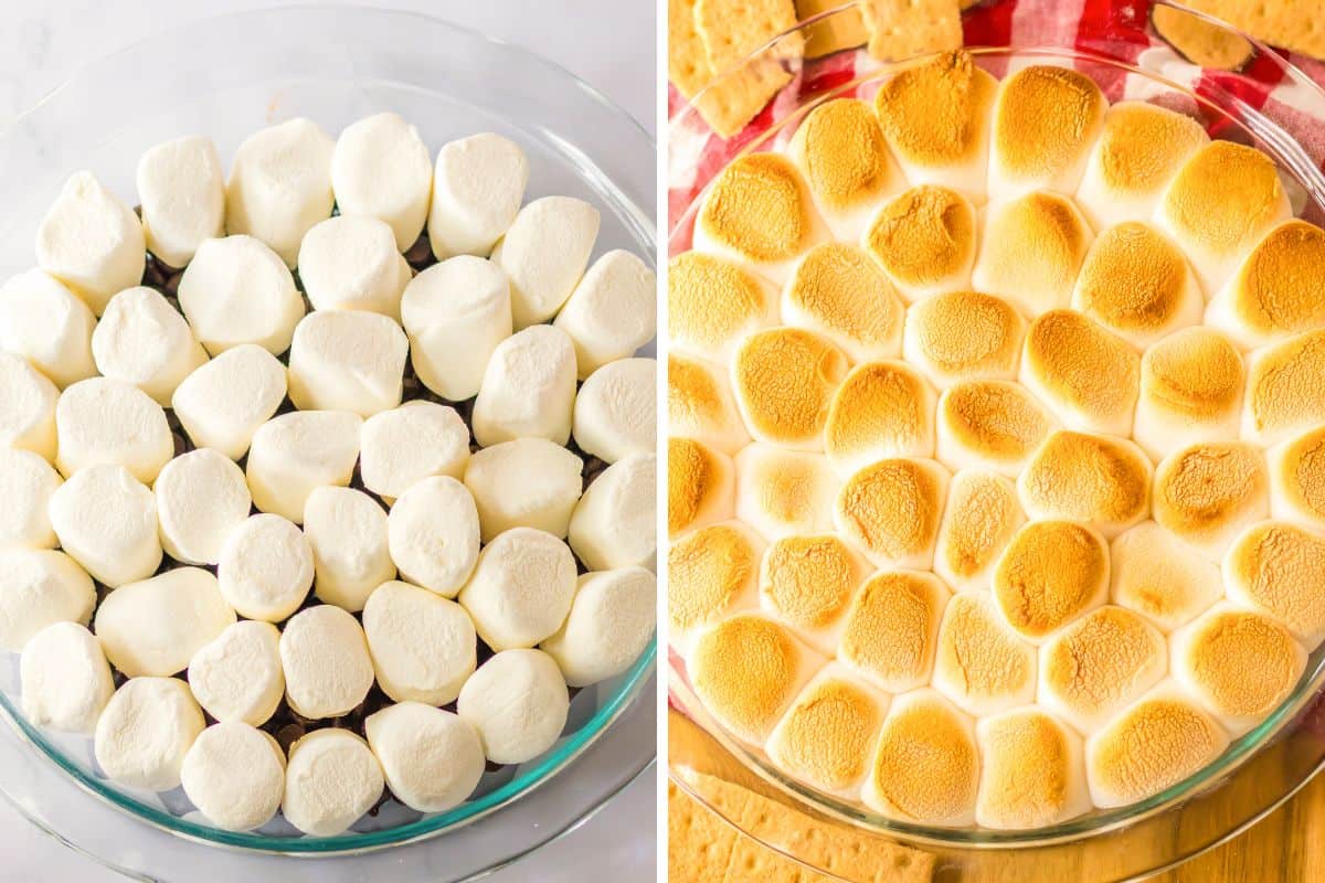 Two image collage of marshmallow s'mores dip before and after baking.