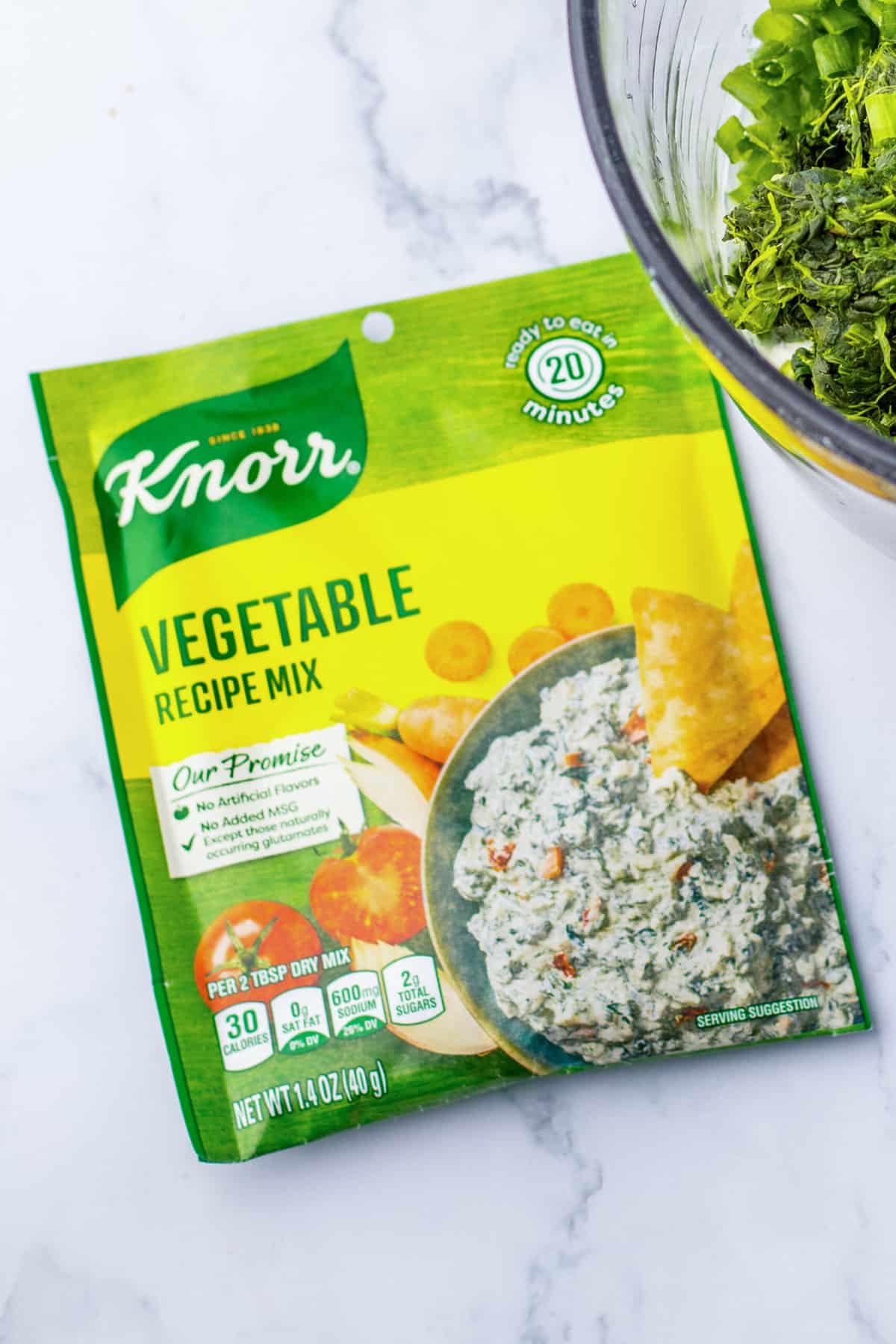 Knorr vegetable recipe mix packet with picture of spinach dip and chips on it.
