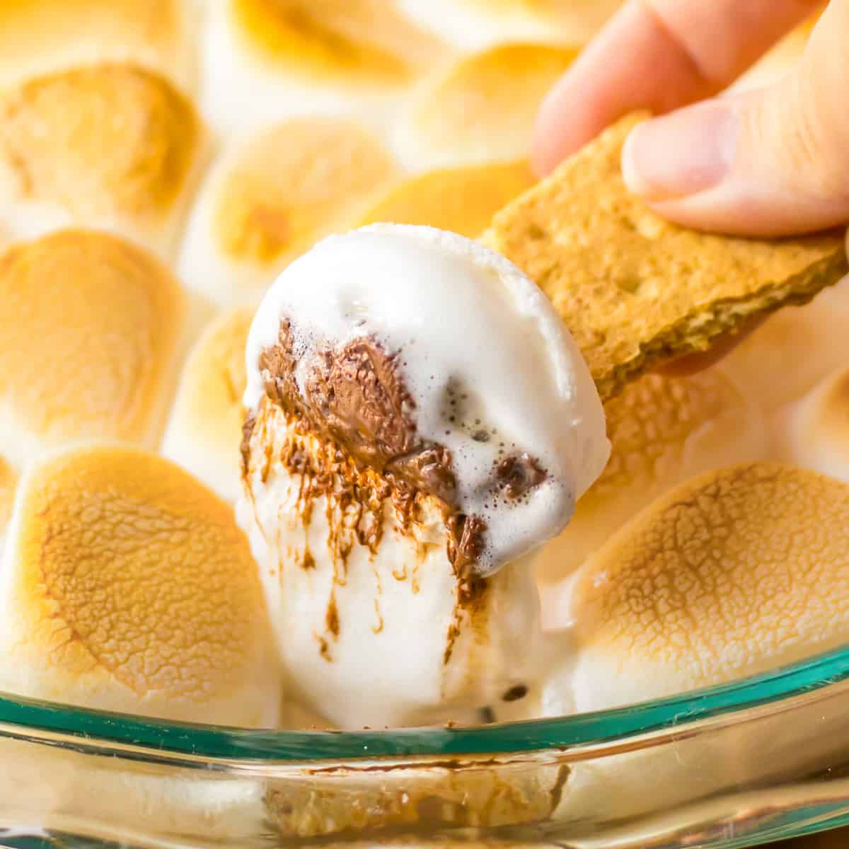 Graham cracker being dipped in s'mores dip made with marshmallows and chocolate chips.