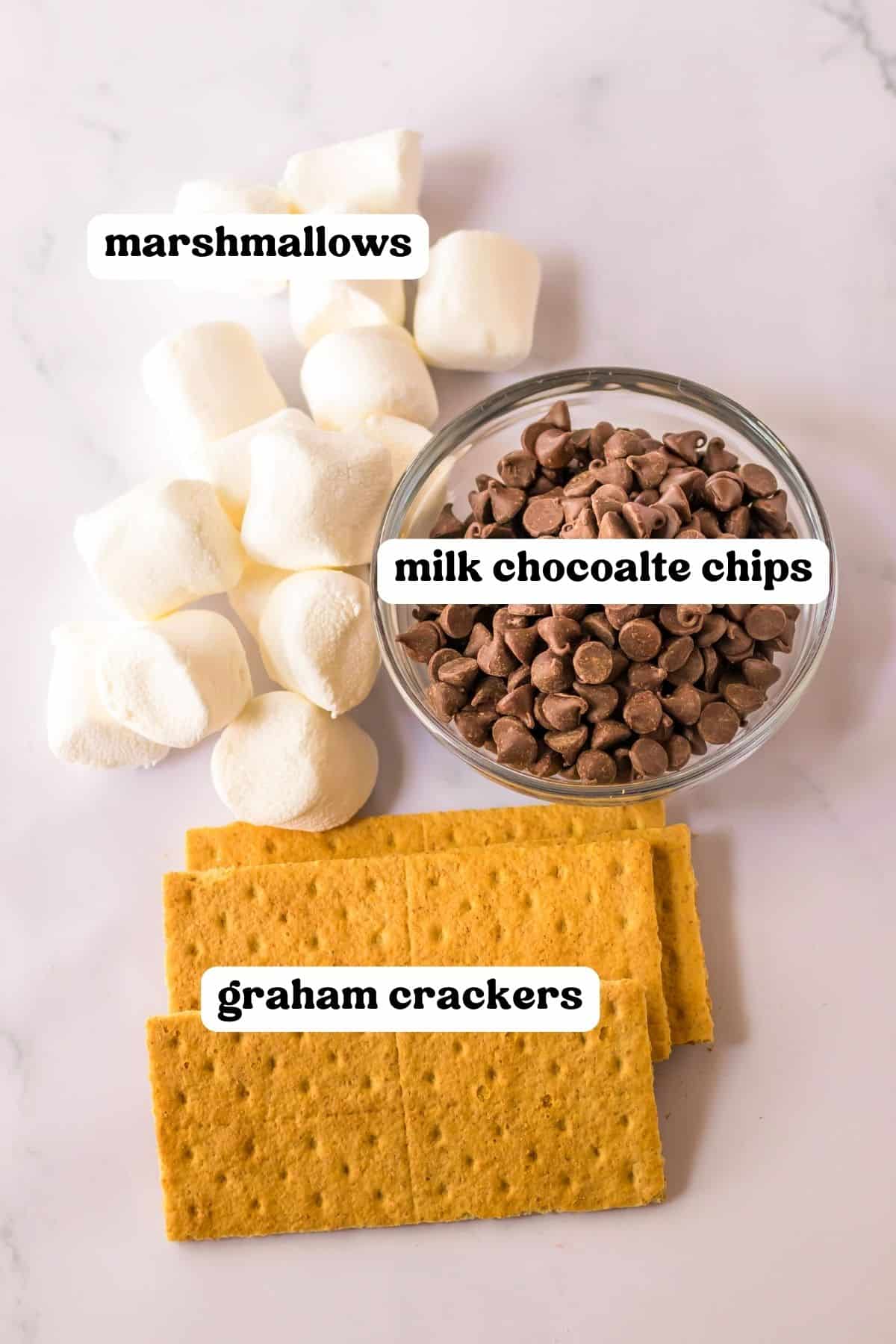 Marshmallows, milk chocolate chips, and graham crackers.